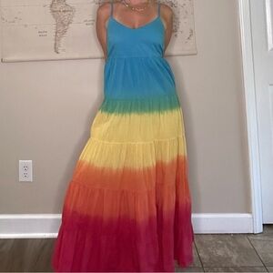 Rainbow tie dye maxi dress with adjustable straps and elastic waist -
